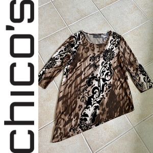 Chico’s 3/4 sleeve asymmetric animal print blouse